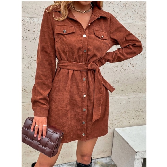Corduroy Rust Brown Casual Button Up Shirt Style Belted Mini Dress Long Sleeves - Picture 7 of 13